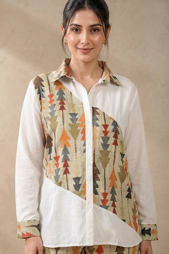 Green geometric printed linen collared shirt for women