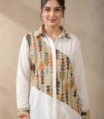 Green geometric printed linen collared shirt for women