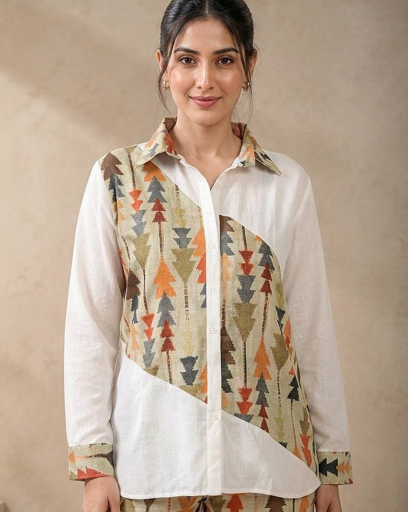 Green geometric printed linen collared shirt for women