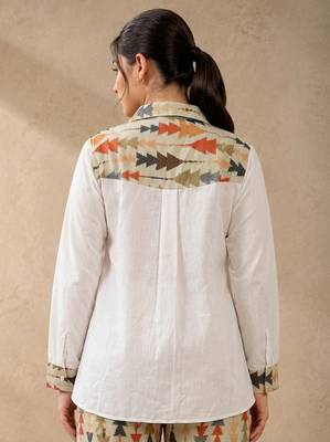 Green geometric printed linen collared shirt for women 2