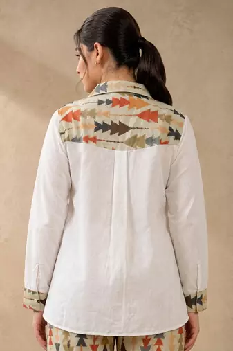 Green geometric printed linen collared shirt for women