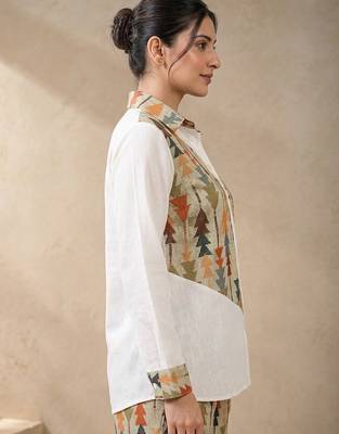 Green geometric printed linen collared shirt for women 3