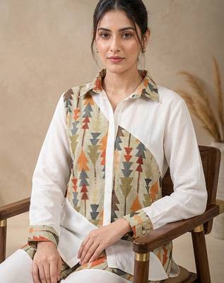 Green geometric printed linen collared shirt for women 4