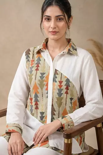 Green geometric printed linen collared shirt for women