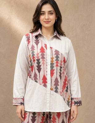 Pink geometric printed linen collared shirt for women 1