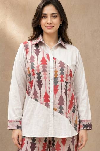 Pink geometric printed linen collared shirt for women