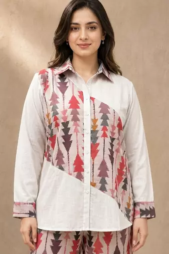 Pink geometric printed linen collared shirt for women