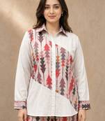 Pink geometric printed linen collared shirt for women