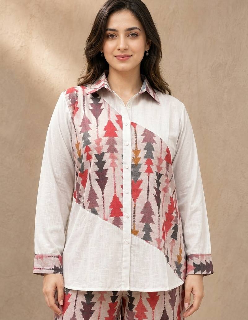 Pink geometric printed linen collared shirt for women