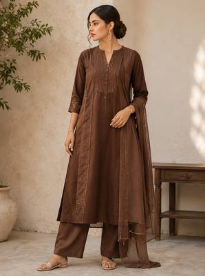 Brown cotton solid ethnic wear kurta set with dupatta for women 1