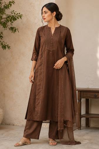 Brown cotton solid ethnic wear kurta set with dupatta for women