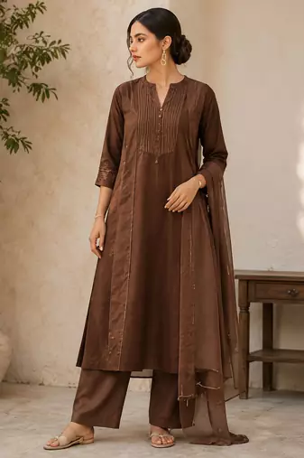 Brown cotton solid ethnic wear kurta set with dupatta for women