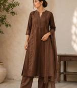 Brown cotton solid ethnic wear kurta set with dupatta for women