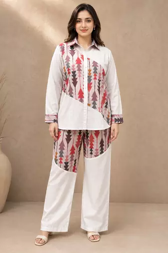 Pink geometric printed linen shirt & trousers co-ord set for women
