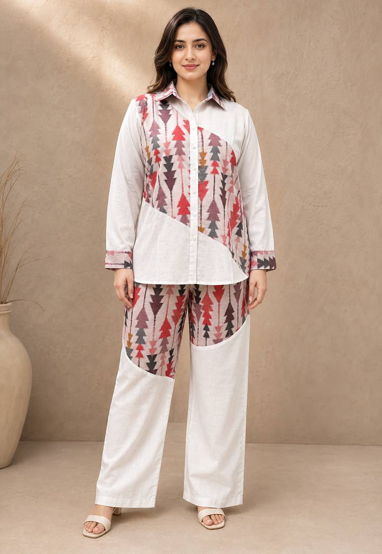 Pink geometric printed linen shirt & trousers co-ord set for women