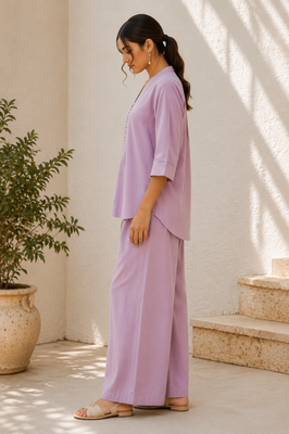 Purple solid pleated cotton shirt style tunic & trouser co-ord set for women 3