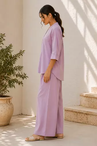 Purple solid pleated cotton shirt style tunic & trouser co-ord set for women