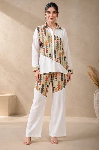 Green geometric printed linen shirt & trousers co-ord set for women