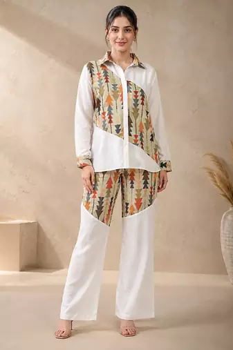 Green geometric printed linen shirt & trousers co-ord set for women