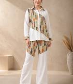 Green geometric printed linen shirt & trousers co-ord set for women