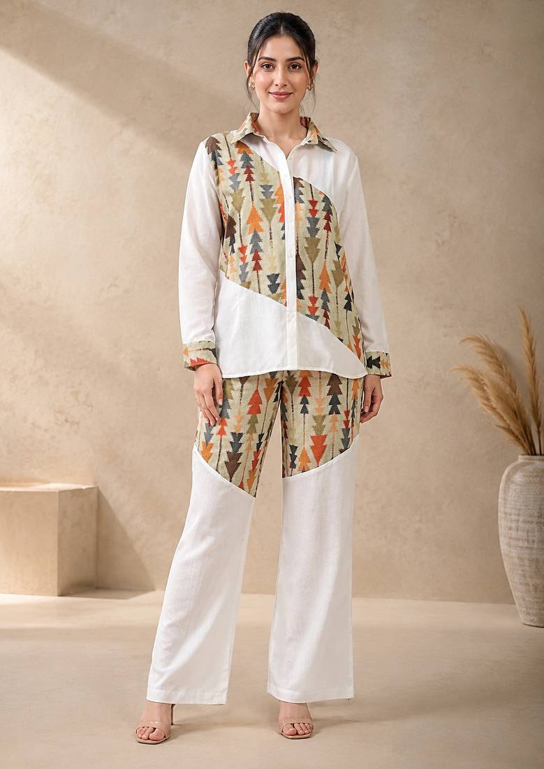 Green geometric printed linen shirt & trousers co-ord set for women