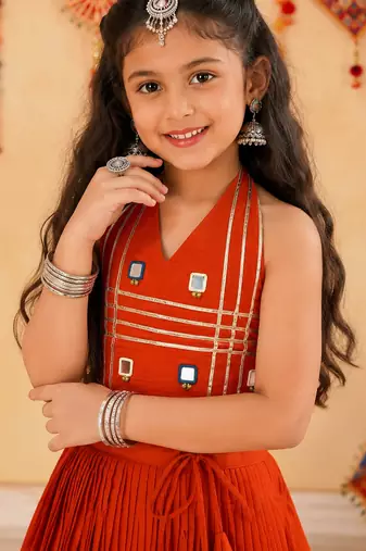 Navratri kids cotton lehenga choli with mirror work