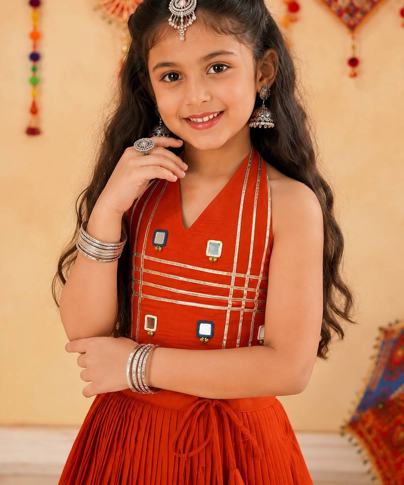 Navratri kids cotton lehenga choli with mirror work