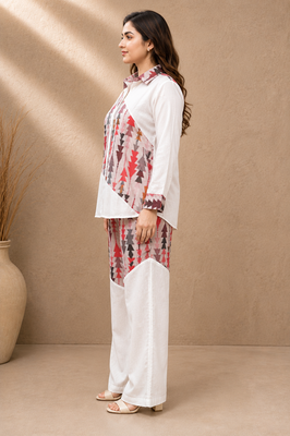 Pink geometric printed linen shirt & trousers co-ord set for women 2