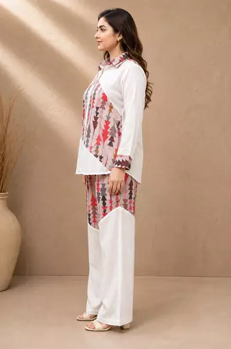 Pink geometric printed linen shirt & trousers co-ord set for women
