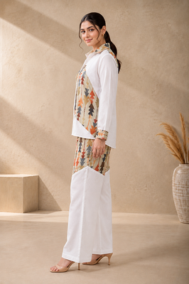 Green geometric printed linen shirt & trousers co-ord set for women 2