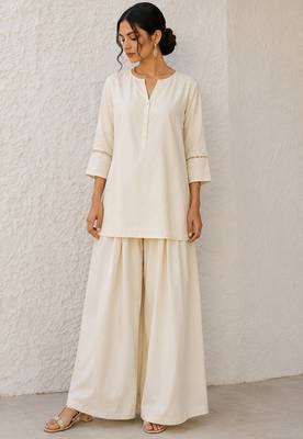 White solid pleated cotton shirt style tunic & trouser co-ord set for women 1