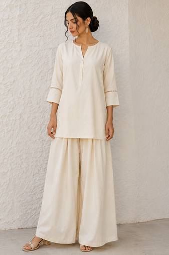 White solid pleated cotton shirt style tunic & trouser co-ord set for women