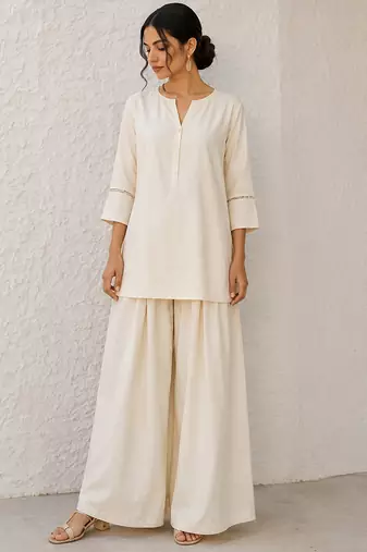White solid pleated cotton shirt style tunic & trouser co-ord set for women