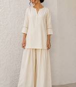 White solid pleated cotton shirt style tunic & trouser co-ord set for women