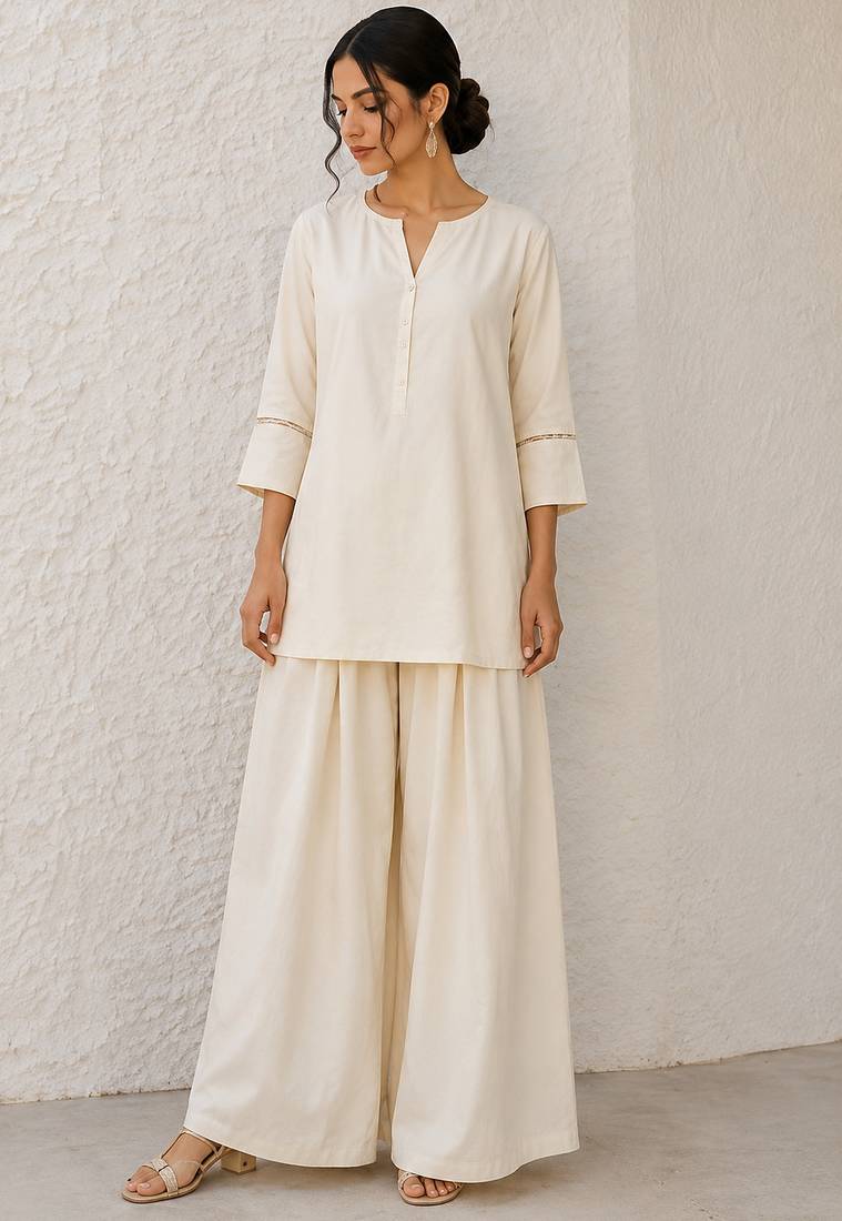 White solid pleated cotton shirt style tunic & trouser co-ord set for women