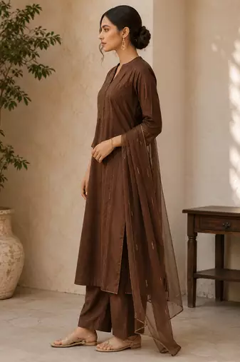 Brown cotton solid ethnic wear kurta set with dupatta for women