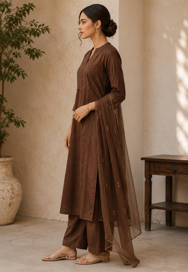 Brown cotton solid ethnic wear kurta set with dupatta for women