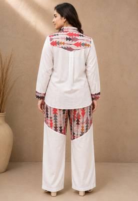 Pink geometric printed linen shirt & trousers co-ord set for women 3