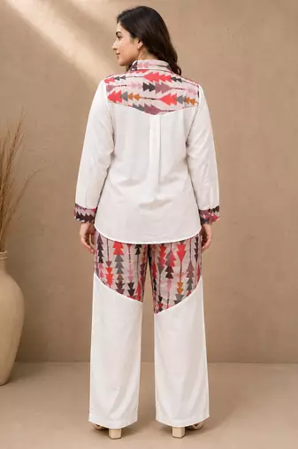 Pink geometric printed linen shirt & trousers co-ord set for women