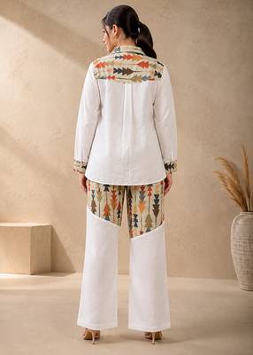 Green geometric printed linen shirt & trousers co-ord set for women 3