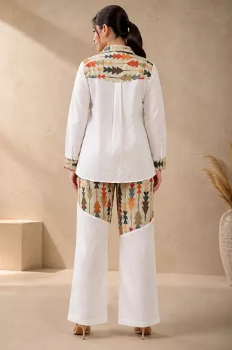 Green geometric printed linen shirt & trousers co-ord set for women