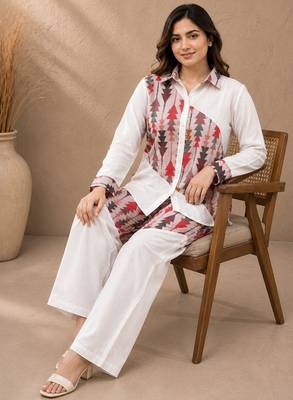 Pink geometric printed linen shirt & trousers co-ord set for women 4