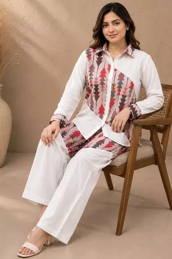 Pink geometric printed linen shirt & trousers co-ord set for women