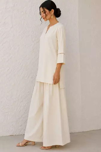 White solid pleated cotton shirt style tunic & trouser co-ord set for women