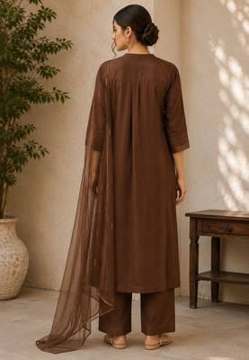 Brown cotton solid ethnic wear kurta set with dupatta for women 3