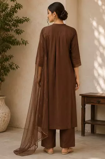 Brown cotton solid ethnic wear kurta set with dupatta for women