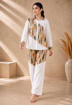 Green geometric printed linen shirt & trousers co-ord set for women 4