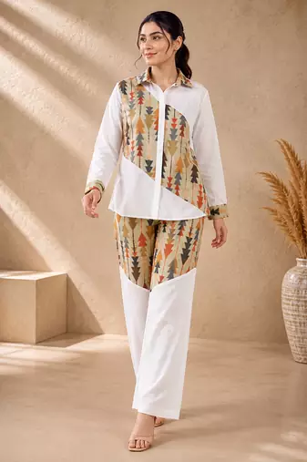 Green geometric printed linen shirt & trousers co-ord set for women