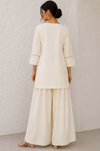 White solid pleated cotton shirt style tunic & trouser co-ord set for women