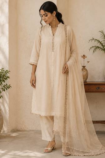 White cotton solid ethnic wear kurta set with dupatta for women